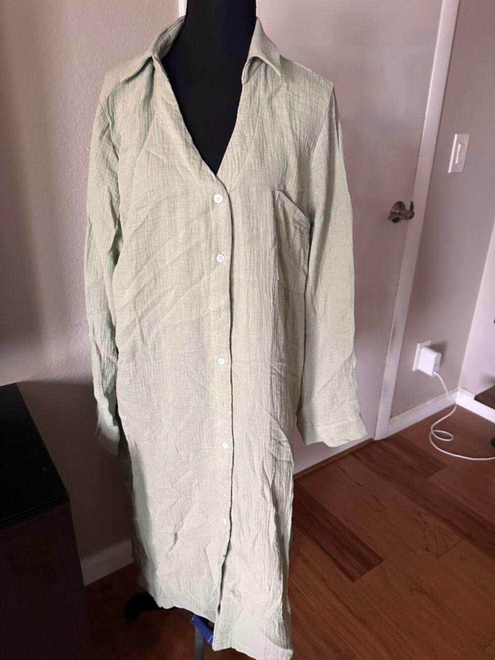 Zaful NWT Sage Green Crinkle Texture Shirt Dress - Long Sleeve Button Up Tunic